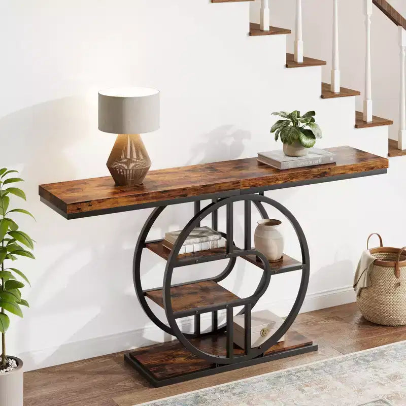 Mesa consola de entrada de 55 pulgadas, mesa de sofá estrecha industrial larga con marco de metal en forma de O, mesa para detrás del sofá para sala de estar, pasillo o entrada