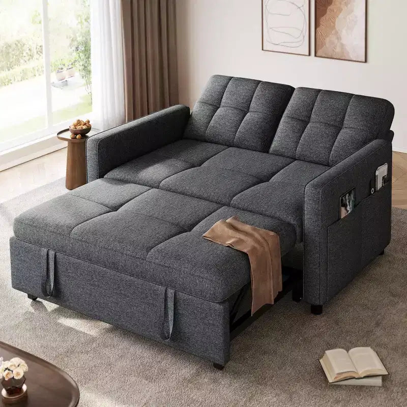 Balconera 3 In 1 Fabric Futon Couches Reclining Backrest Convertible Sofa Bed Loveseat Sleeper Pull Out Couch with Side Storage Bag for Small Spaces