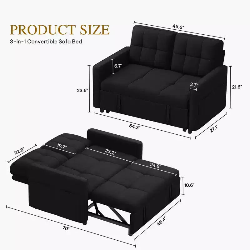 Sofá cama futón de tela 3 en 1 con respaldo reclinable y bolsa de almacenamiento lateral para espacios pequeños
