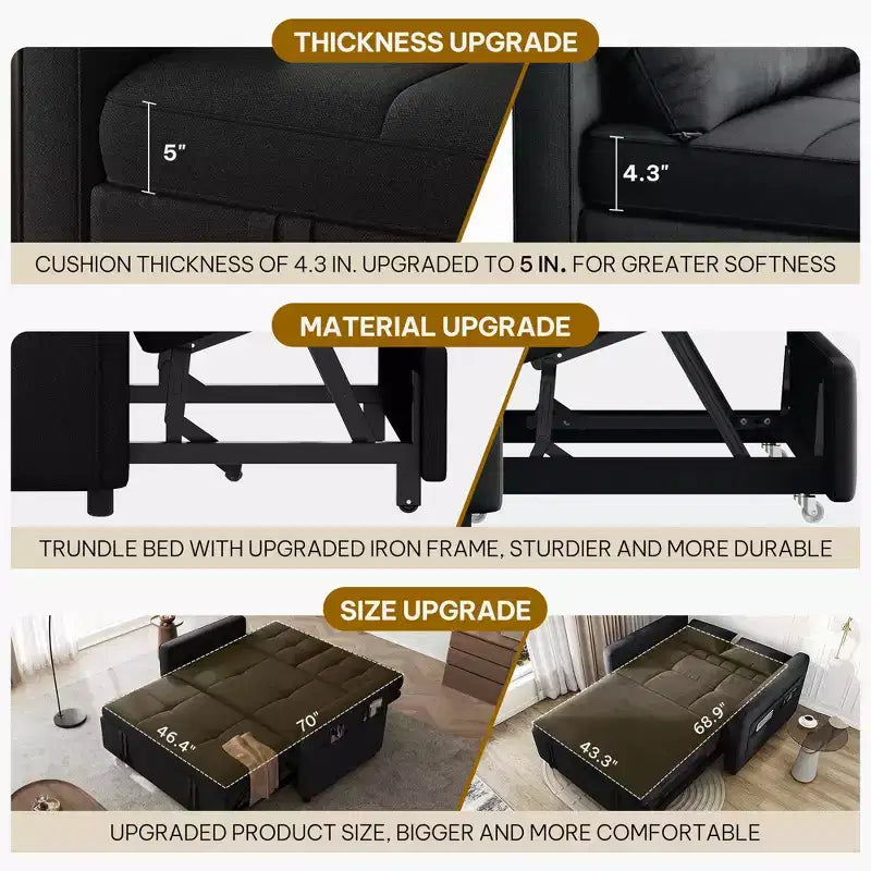 Sofá cama futón de tela 3 en 1 con respaldo reclinable y bolsa de almacenamiento lateral para espacios pequeños