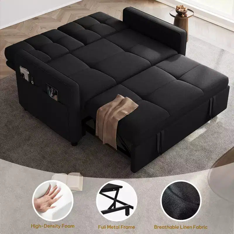 Sofá cama futón de tela 3 en 1 con respaldo reclinable y bolsa de almacenamiento lateral para espacios pequeños
