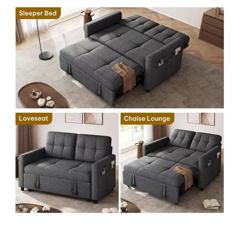 Sofá cama futón de tela 3 en 1 con respaldo reclinable y bolsa de almacenamiento lateral para espacios pequeños