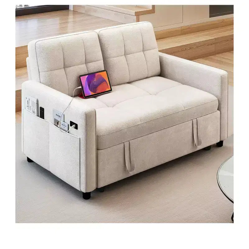 Sofá cama futón de tela 3 en 1 con respaldo reclinable y bolsa de almacenamiento lateral para espacios pequeños