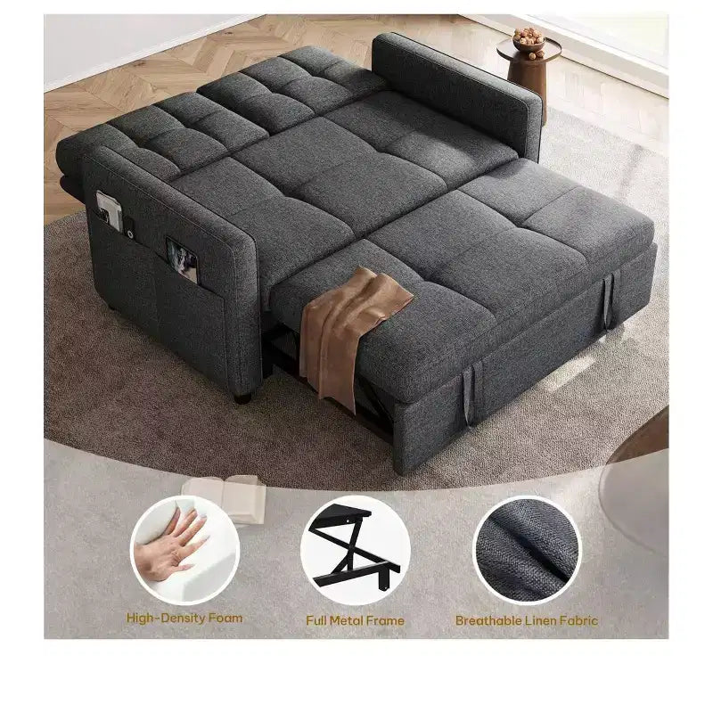 Sofá cama futón de tela 3 en 1 con respaldo reclinable y bolsa de almacenamiento lateral para espacios pequeños