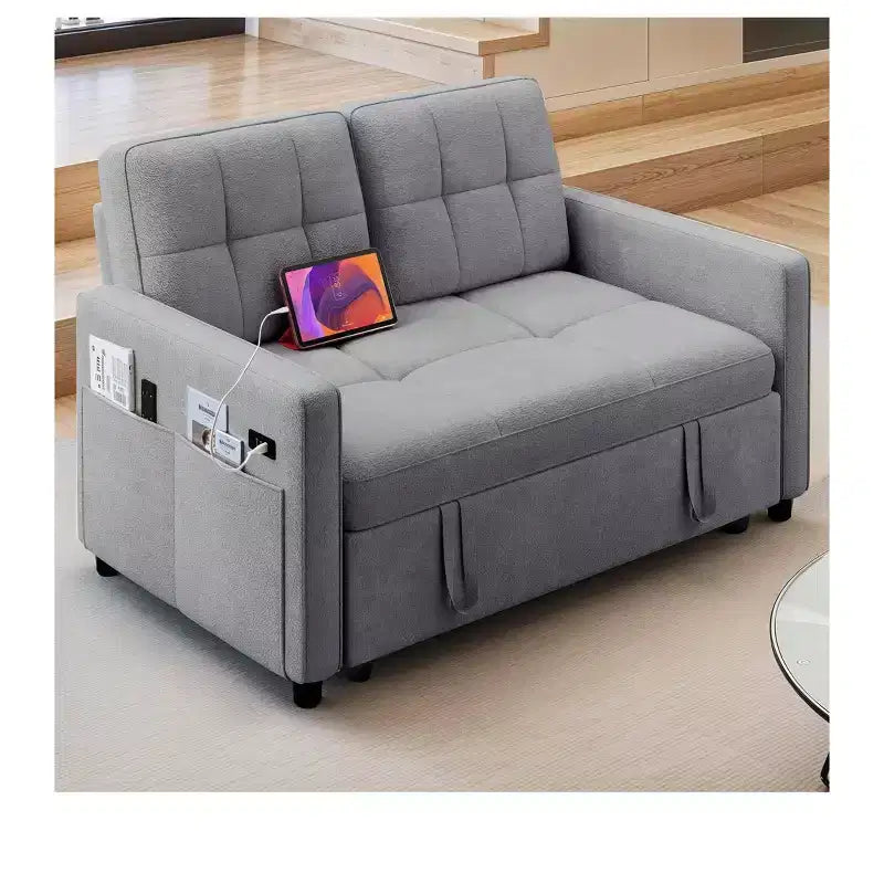 Sofá cama futón de tela 3 en 1 con respaldo reclinable y bolsa de almacenamiento lateral para espacios pequeños