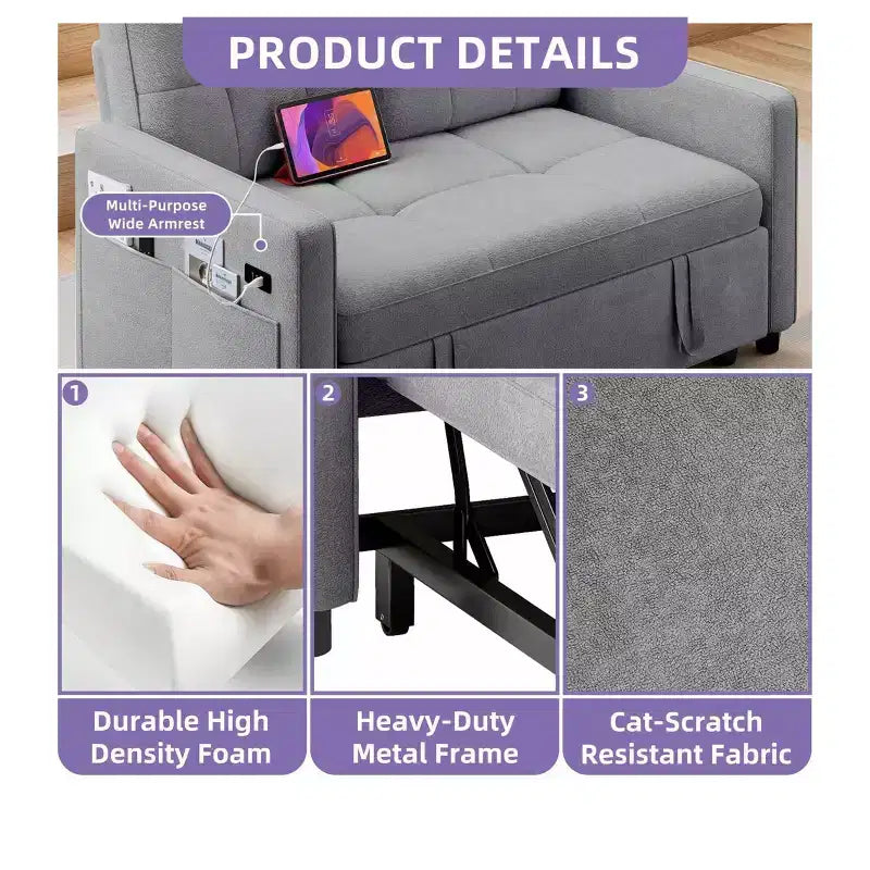 Sofá cama futón de tela 3 en 1 con respaldo reclinable y bolsa de almacenamiento lateral para espacios pequeños