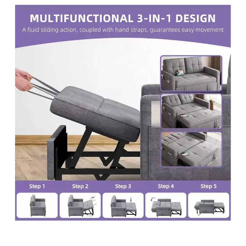Sofá cama futón de tela 3 en 1 con respaldo reclinable y bolsa de almacenamiento lateral para espacios pequeños