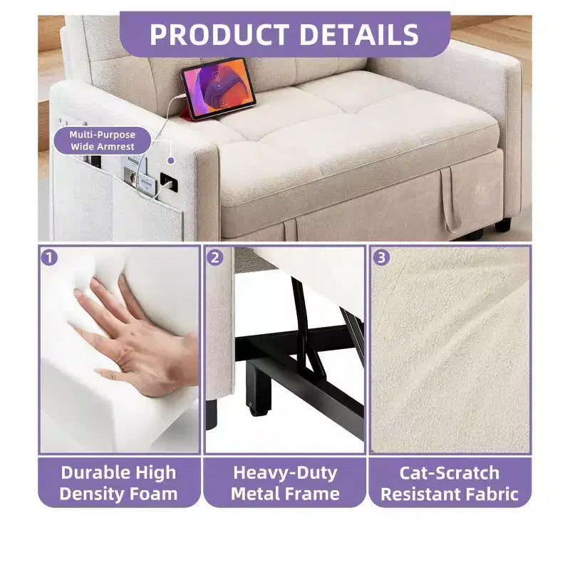 Sofá cama futón de tela 3 en 1 con respaldo reclinable y bolsa de almacenamiento lateral para espacios pequeños