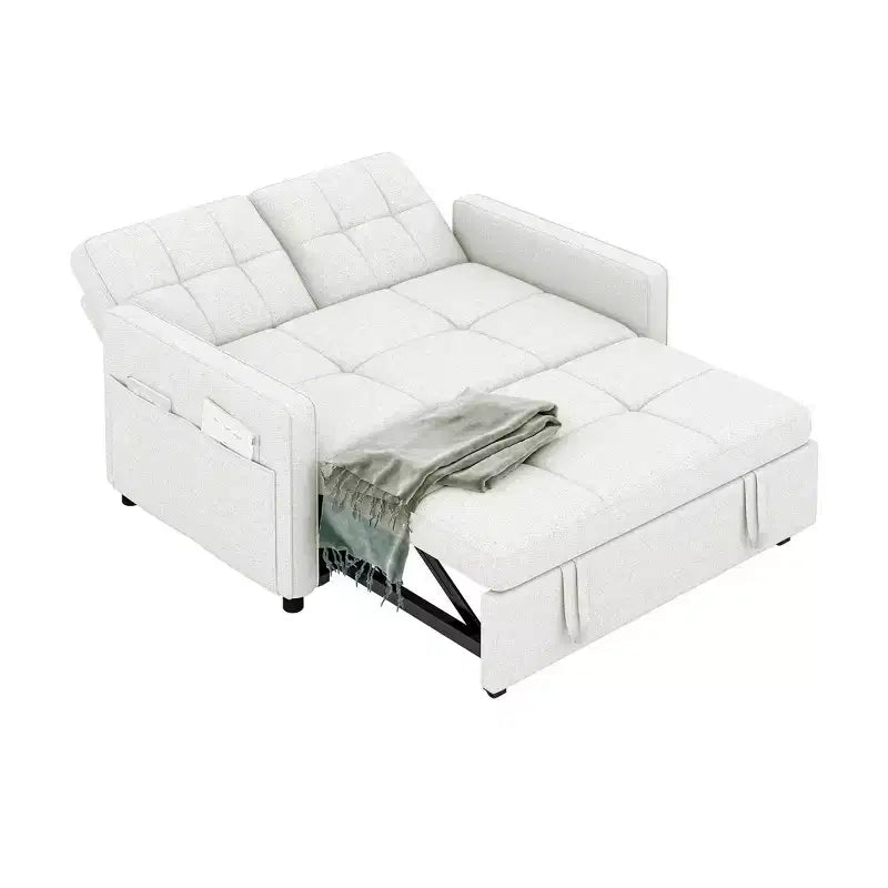 Sofá cama futón de tela 3 en 1 con respaldo reclinable y bolsa de almacenamiento lateral para espacios pequeños