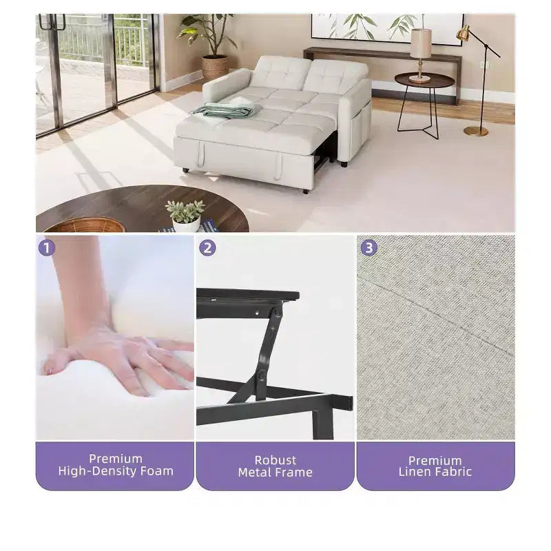 Sofá cama futón de tela 3 en 1 con respaldo reclinable y bolsa de almacenamiento lateral para espacios pequeños
