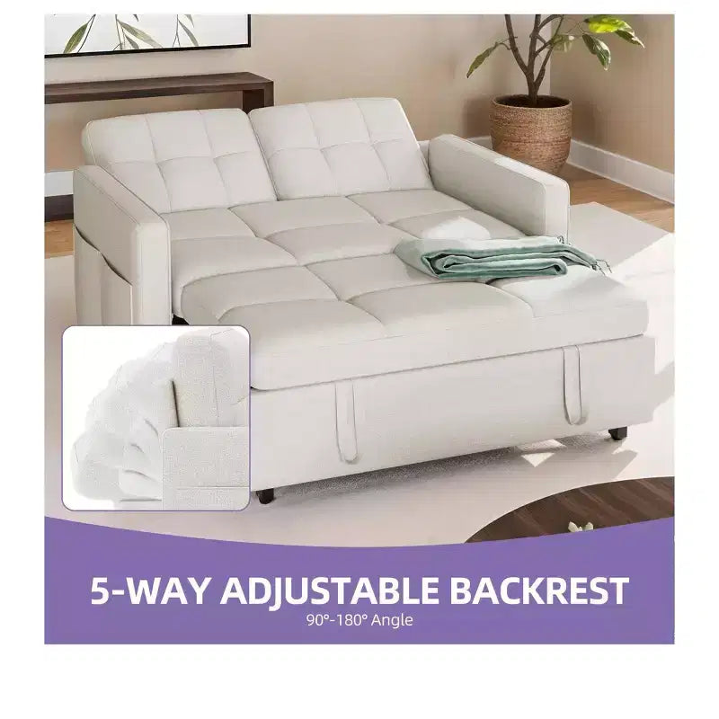 Sofá cama futón de tela 3 en 1 con respaldo reclinable y bolsa de almacenamiento lateral para espacios pequeños