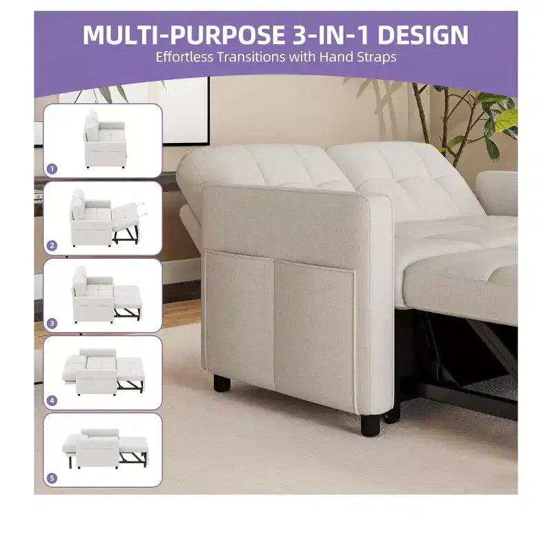Sofá cama futón de tela 3 en 1 con respaldo reclinable y bolsa de almacenamiento lateral para espacios pequeños