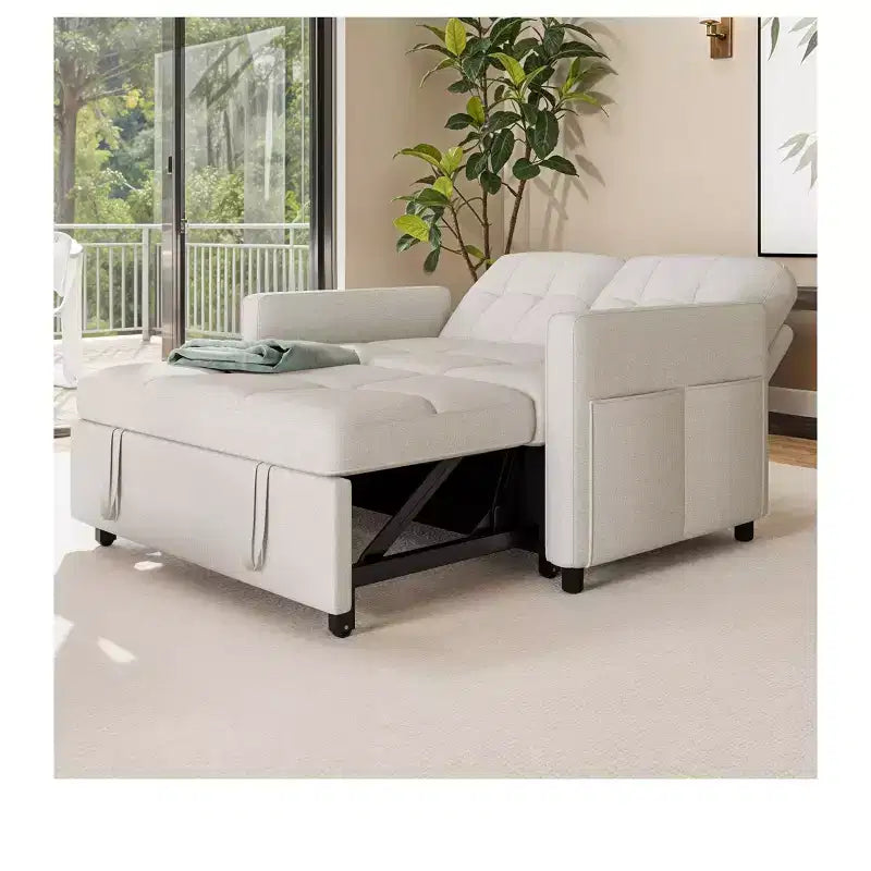 Sofá cama futón de tela 3 en 1 con respaldo reclinable y bolsa de almacenamiento lateral para espacios pequeños