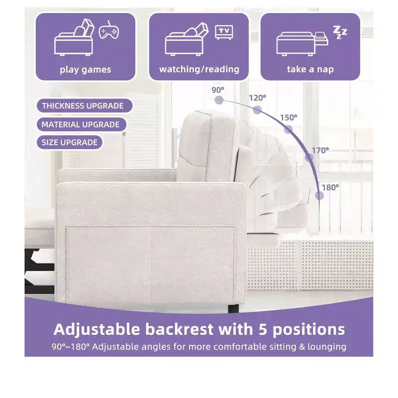Sofá cama futón de tela 3 en 1 con respaldo reclinable y bolsa de almacenamiento lateral para espacios pequeños