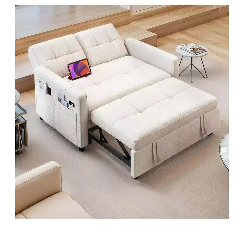 Sofá cama futón de tela 3 en 1 con respaldo reclinable y bolsa de almacenamiento lateral para espacios pequeños