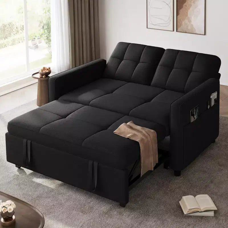 Sofá cama futón de tela 3 en 1 con respaldo reclinable y bolsa de almacenamiento lateral para espacios pequeños