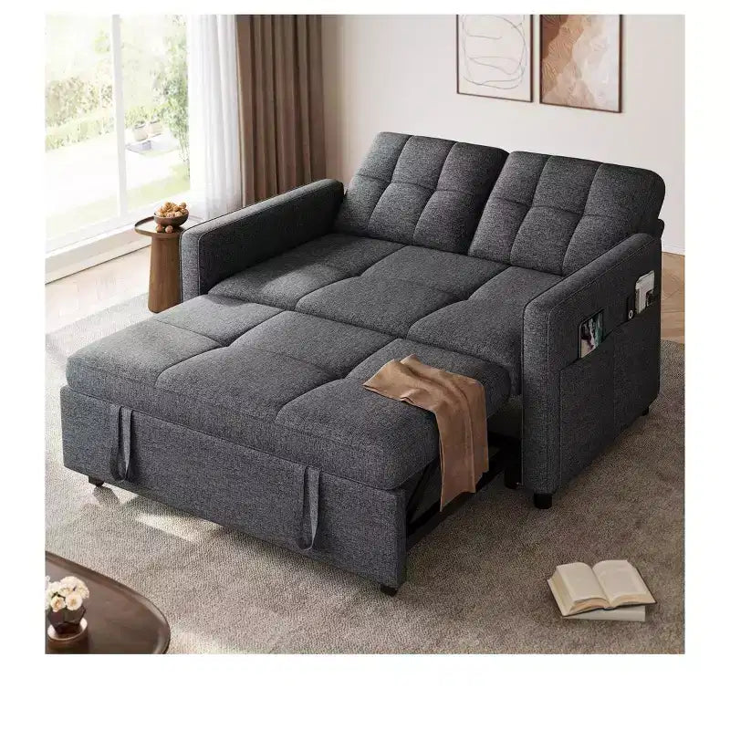 Sofá cama futón de tela 3 en 1 con respaldo reclinable y bolsa de almacenamiento lateral para espacios pequeños