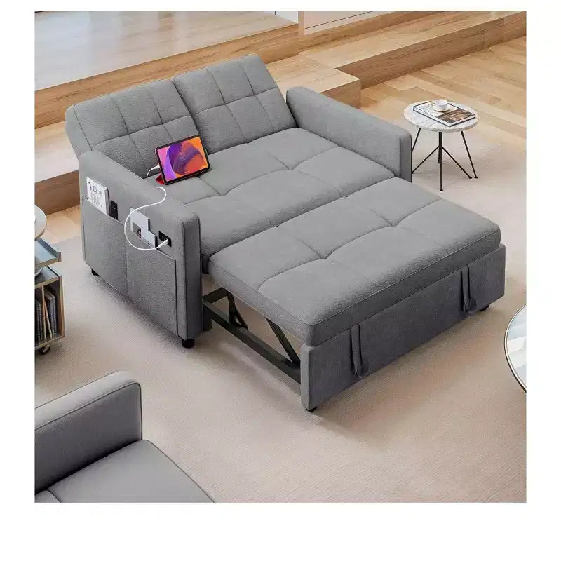 Sofá cama futón de tela 3 en 1 con respaldo reclinable y bolsa de almacenamiento lateral para espacios pequeños