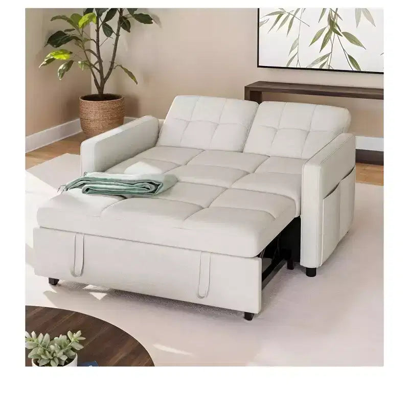 Sofá cama futón de tela 3 en 1 con respaldo reclinable y bolsa de almacenamiento lateral para espacios pequeños