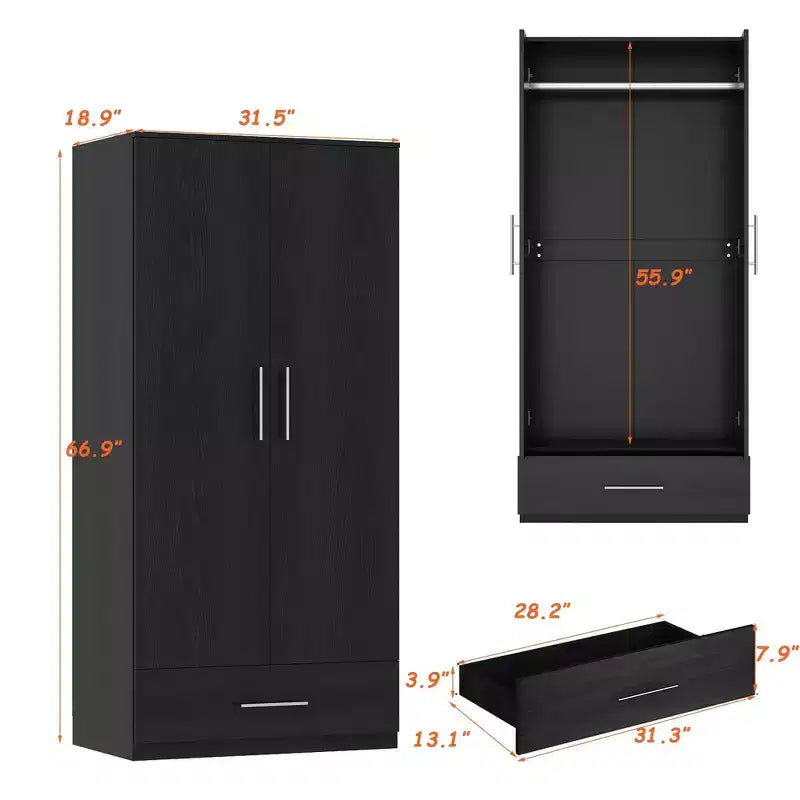 Armario de doble puerta con barra para colgar y cajón, organizador de ropa para dormitorio que ahorra espacio