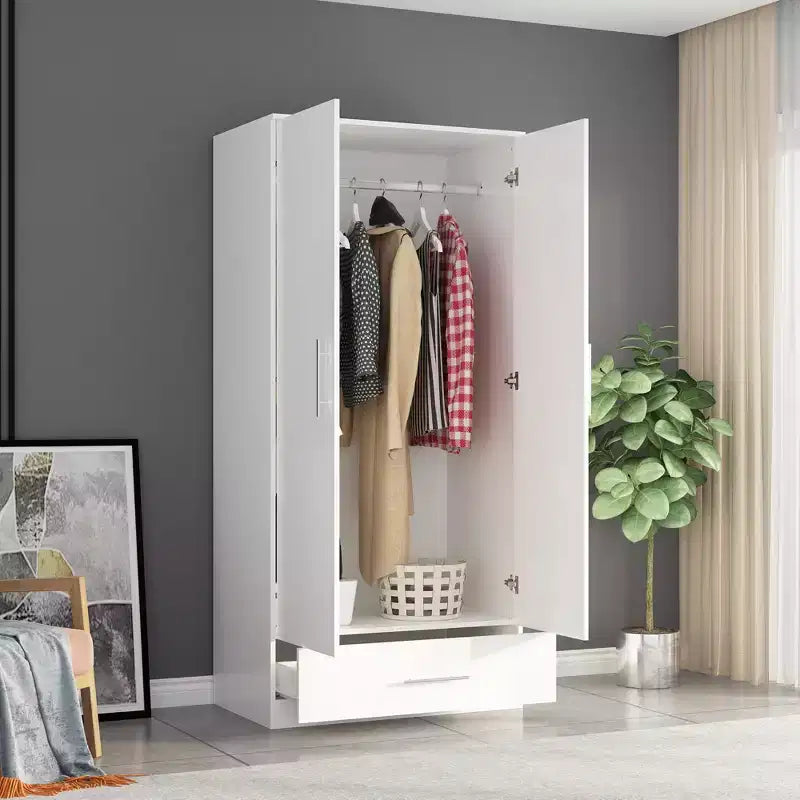 Armario de doble puerta con barra para colgar y cajón, organizador de ropa para dormitorio que ahorra espacio