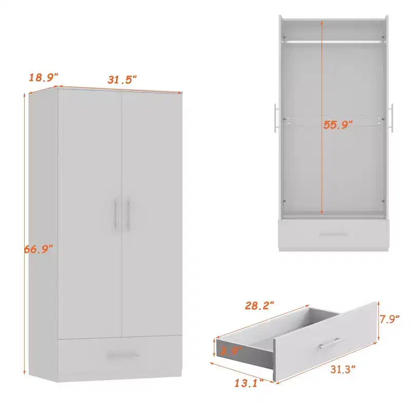 Armario de doble puerta con barra para colgar y cajón, organizador de ropa para dormitorio que ahorra espacio