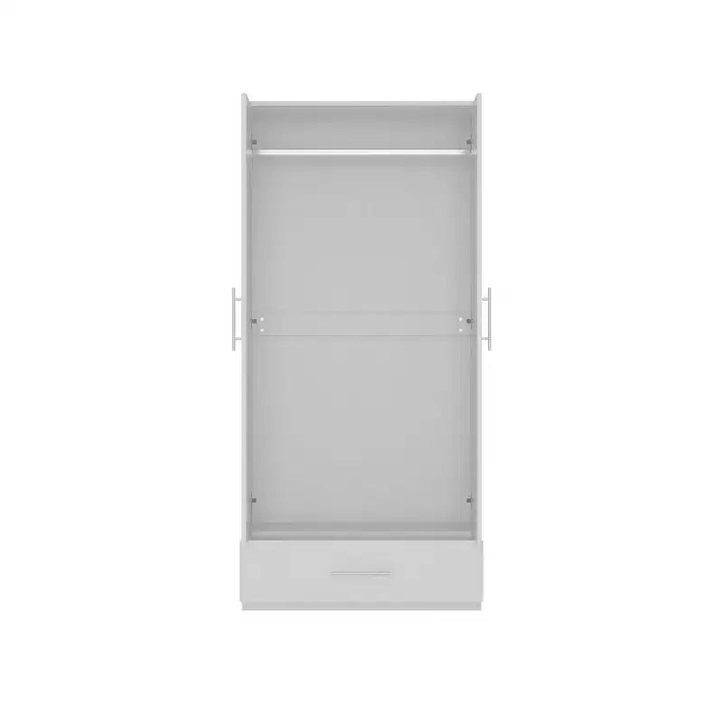 Armario de doble puerta con barra para colgar y cajón, organizador de ropa para dormitorio que ahorra espacio