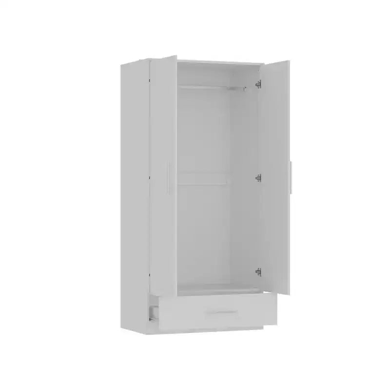 Armario de doble puerta con barra para colgar y cajón, organizador de ropa para dormitorio que ahorra espacio