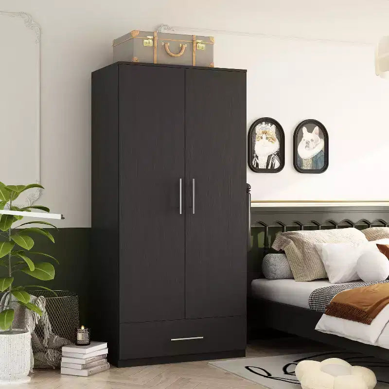 Armario de doble puerta con barra para colgar y cajón, organizador de ropa para dormitorio que ahorra espacio