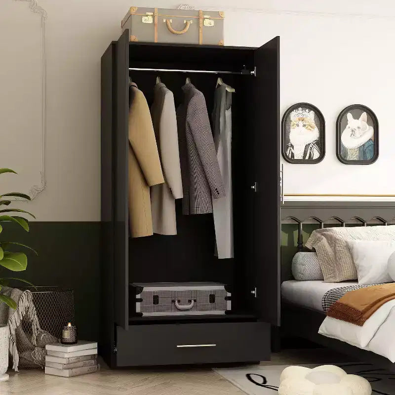 Armario de doble puerta con barra para colgar y cajón, organizador de ropa para dormitorio que ahorra espacio