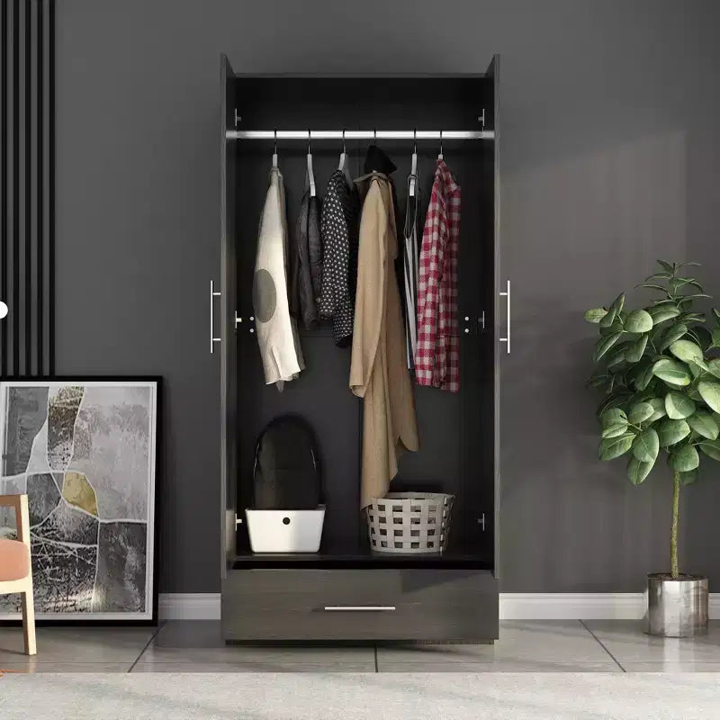 Armario de doble puerta con barra para colgar y cajón, organizador de ropa para dormitorio que ahorra espacio