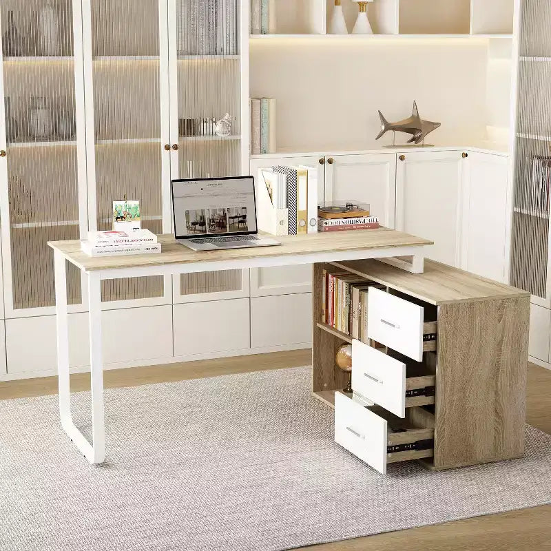 Famapy L-Shaped Wood & Metal Computer Desk Office Desk: 3-Drawer Storage + Open Shelves  Multi-Zone Workstation for Home & Office