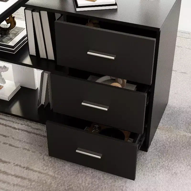 Escritorio de ordenador en forma de L de madera y metal con 3 cajones y estantes abiertos, estación de trabajo para oficina en casa