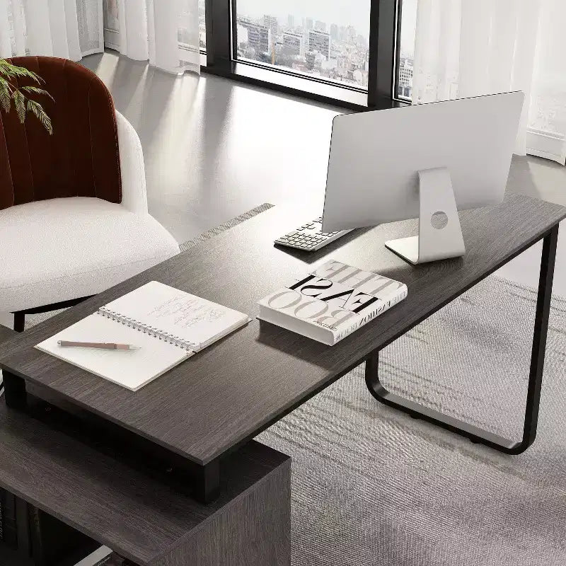 Escritorio de ordenador en forma de L de madera y metal con 3 cajones y estantes abiertos, estación de trabajo para oficina en casa