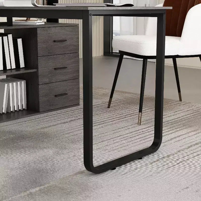 Escritorio de ordenador en forma de L de madera y metal con 3 cajones y estantes abiertos, estación de trabajo para oficina en casa