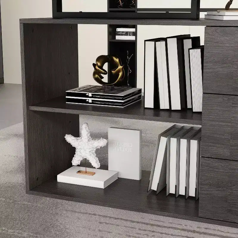 Escritorio de ordenador en forma de L de madera y metal con 3 cajones y estantes abiertos, estación de trabajo para oficina en casa