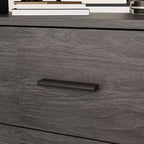 Escritorio de ordenador en forma de L de madera y metal con 3 cajones y estantes abiertos, estación de trabajo para oficina en casa