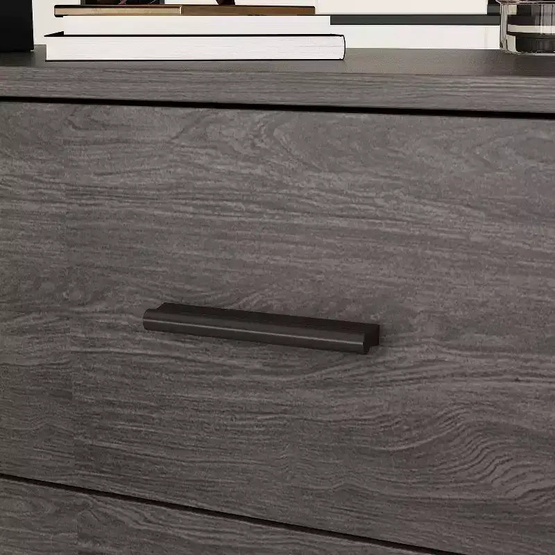 Escritorio de ordenador en forma de L de madera y metal con 3 cajones y estantes abiertos, estación de trabajo para oficina en casa