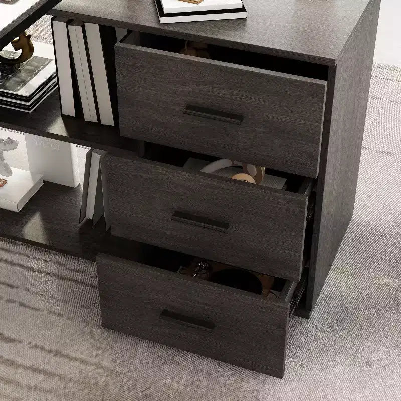 Escritorio de ordenador en forma de L de madera y metal con 3 cajones y estantes abiertos, estación de trabajo para oficina en casa
