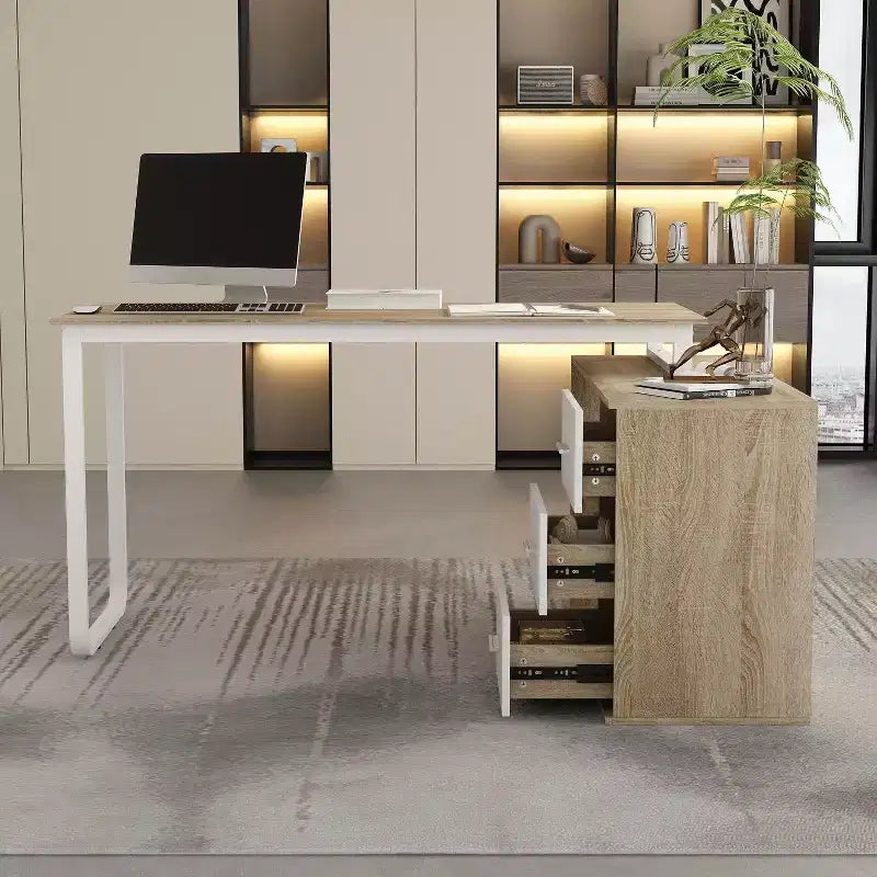 Escritorio de ordenador en forma de L de madera y metal con 3 cajones y estantes abiertos, estación de trabajo para oficina en casa