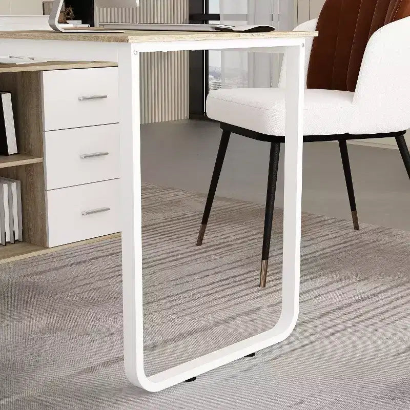 Escritorio de ordenador en forma de L de madera y metal con 3 cajones y estantes abiertos, estación de trabajo para oficina en casa