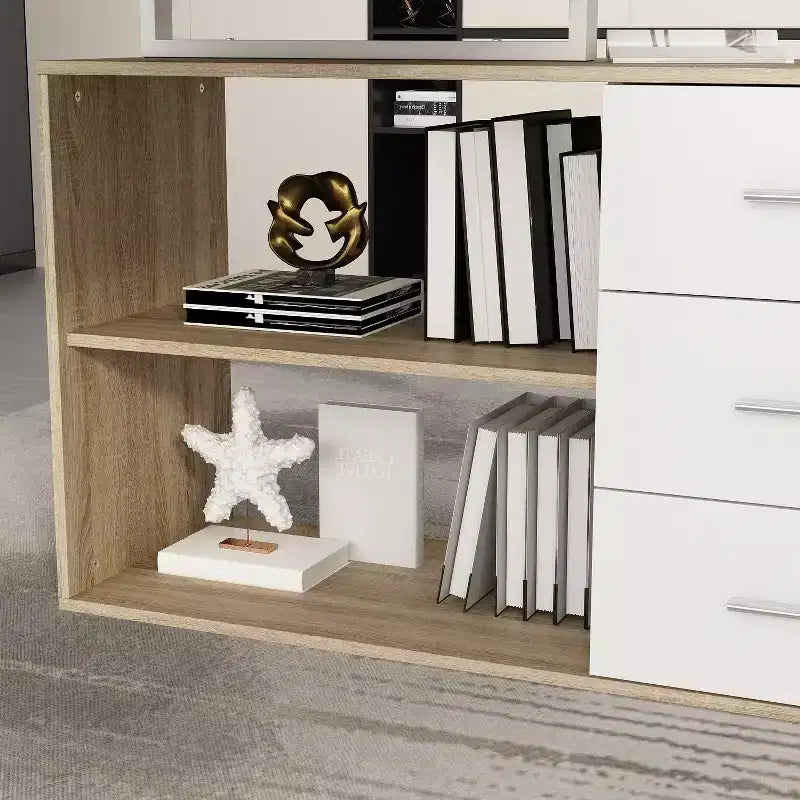 Escritorio de ordenador en forma de L de madera y metal con 3 cajones y estantes abiertos, estación de trabajo para oficina en casa