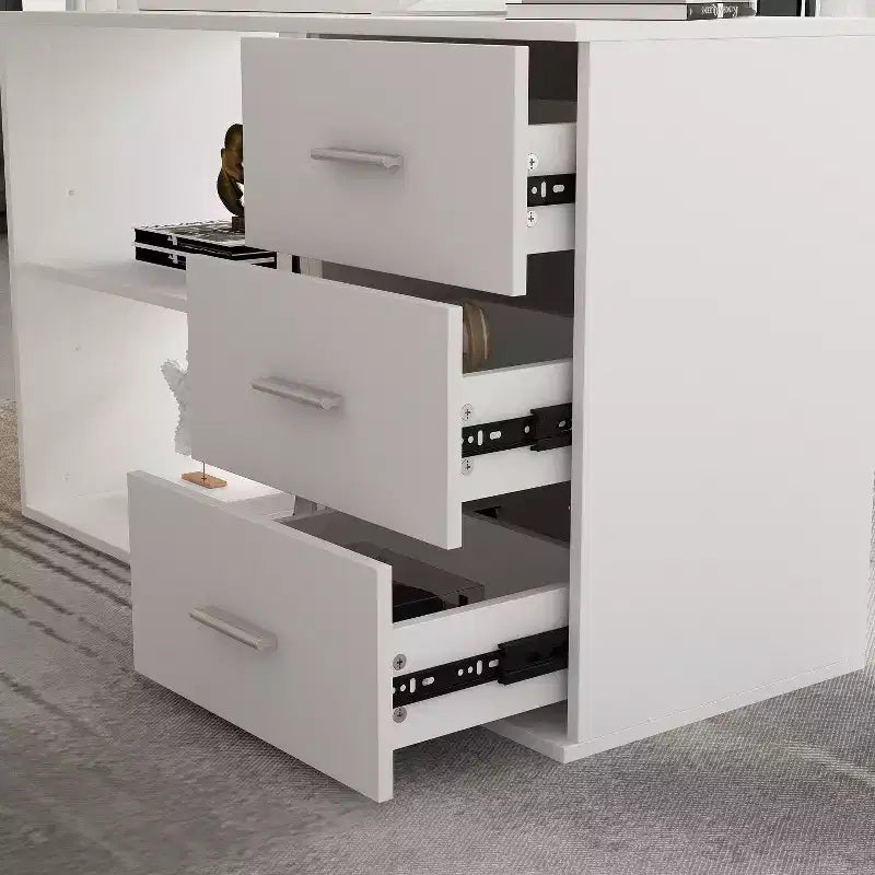 Escritorio de ordenador en forma de L de madera y metal con 3 cajones y estantes abiertos, estación de trabajo para oficina en casa
