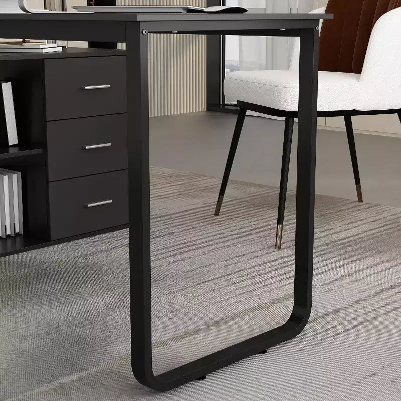Escritorio de ordenador en forma de L de madera y metal con 3 cajones y estantes abiertos, estación de trabajo para oficina en casa