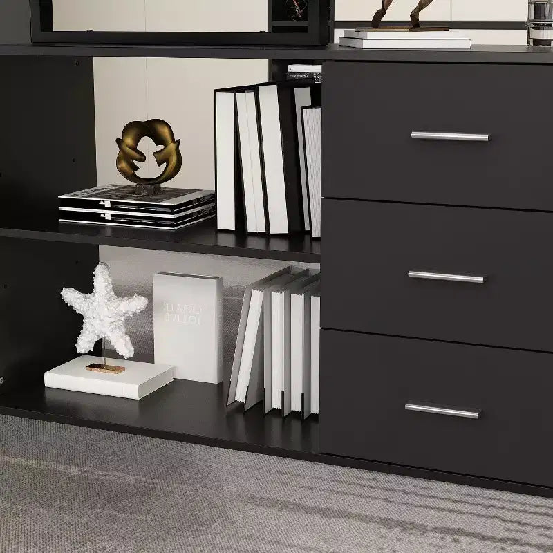 Escritorio de ordenador en forma de L de madera y metal con 3 cajones y estantes abiertos, estación de trabajo para oficina en casa