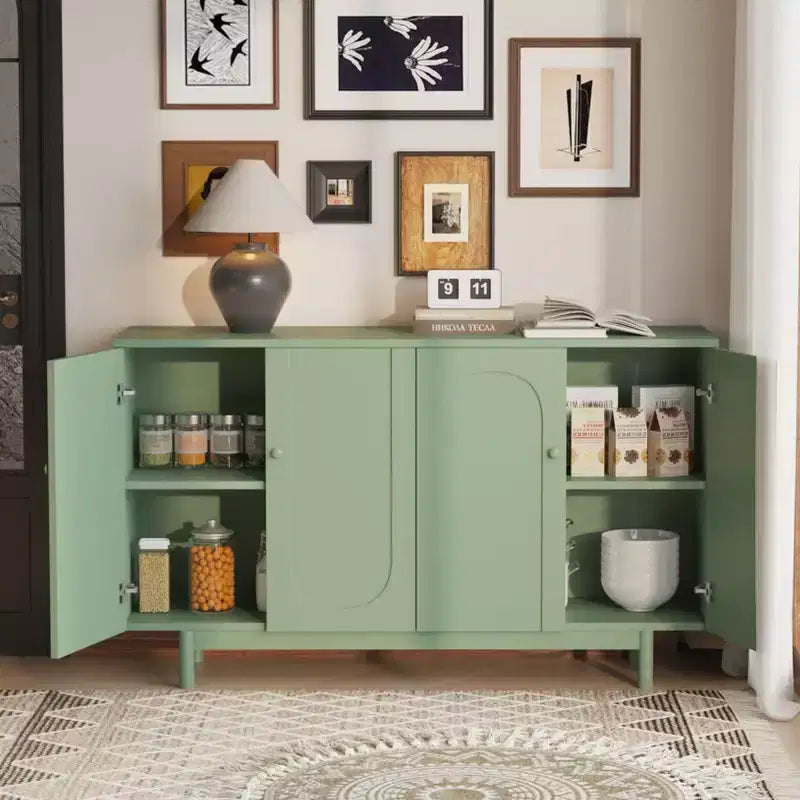 Armario de almacenamiento intaglio de 4 puertas, consola con patas de pino, tiradores de madera maciza, estante ajustable, aparador para sala de estar, dormitorio, cocina