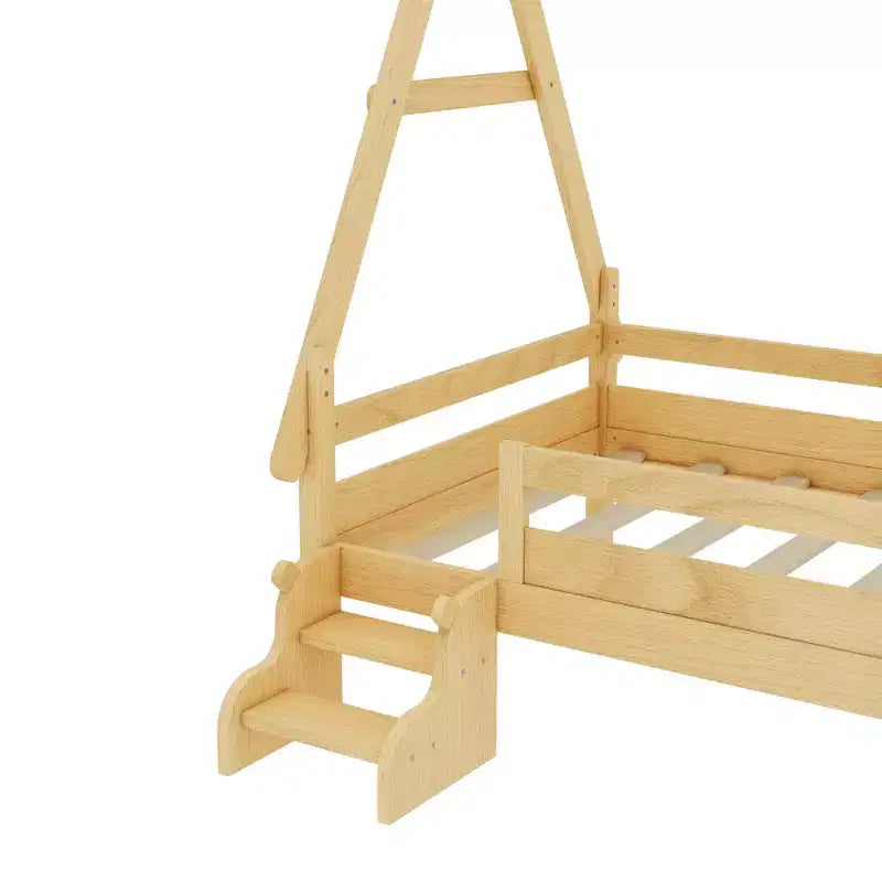 Cama plataforma infantil doble con escaleras incorporadas y barandillas de seguridad, acabado de madera maciza blanca