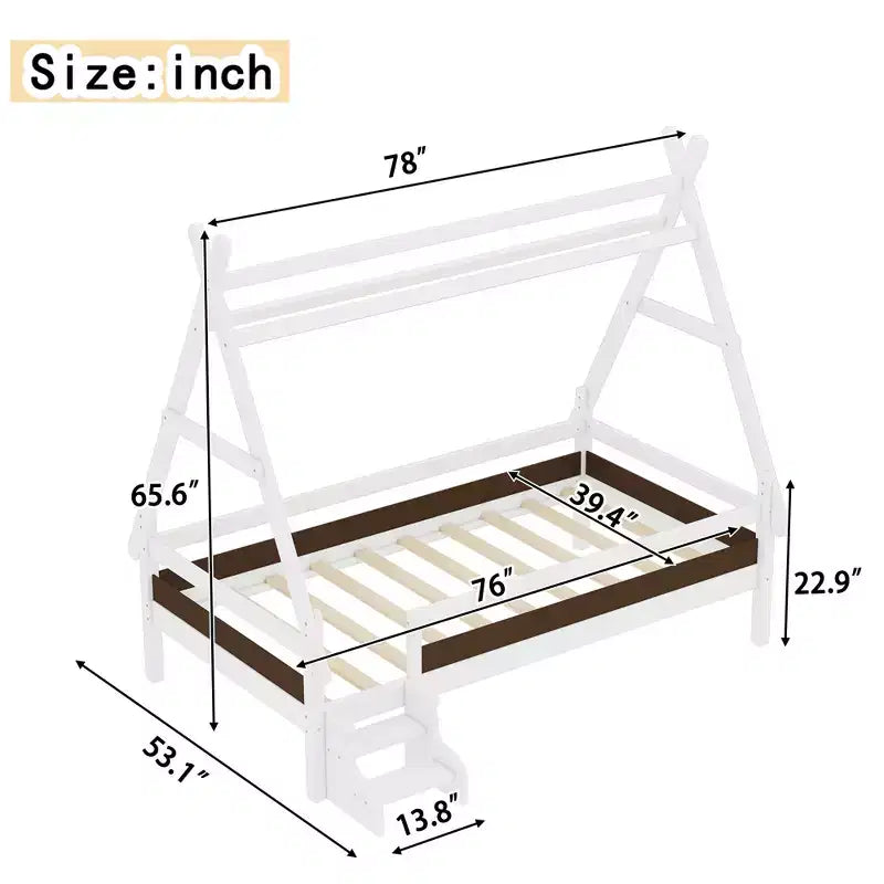 Cama plataforma infantil doble con escaleras incorporadas y barandillas de seguridad, acabado de madera maciza blanca