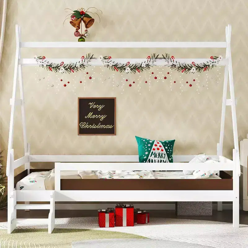 Cama plataforma infantil doble con escaleras incorporadas y barandillas de seguridad, acabado de madera maciza blanca