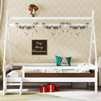 Cama plataforma infantil doble con escaleras incorporadas y barandillas de seguridad, acabado de madera maciza blanca